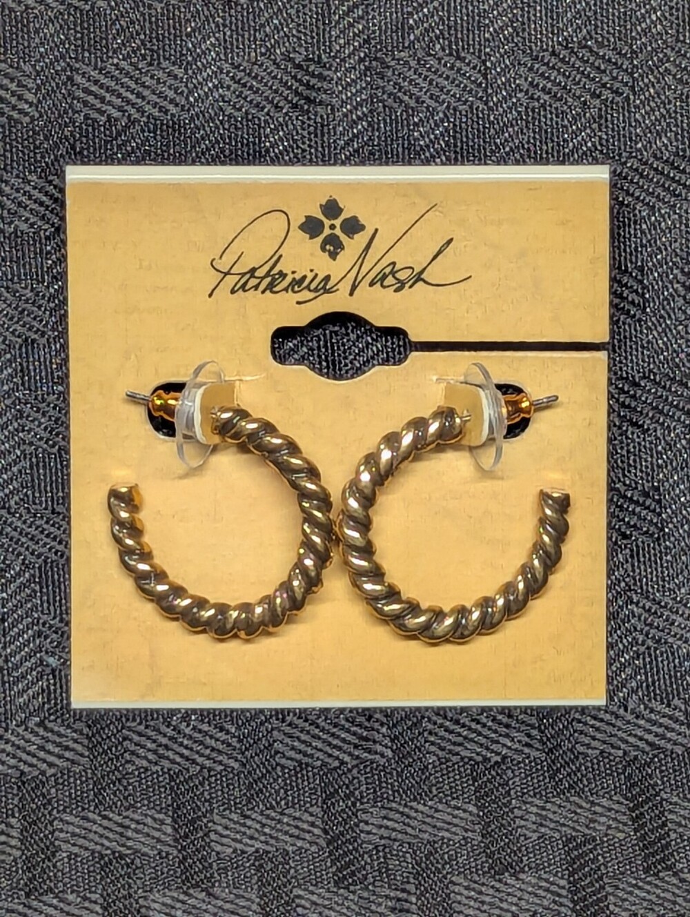 Worn Gold Patricia Nash Twisted Rope Hoop Earrings.